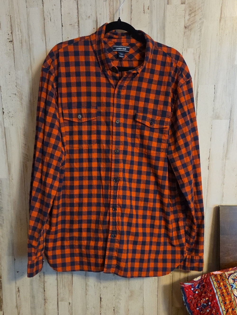 Lands' End Orange and Navy Check Cotton Button-Down Shirt